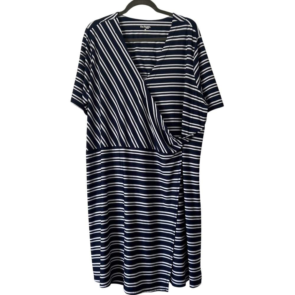 Kim Rogers Womens Striped V-Neck White Blue Faux Wrap Dress Plus 2x Curvy